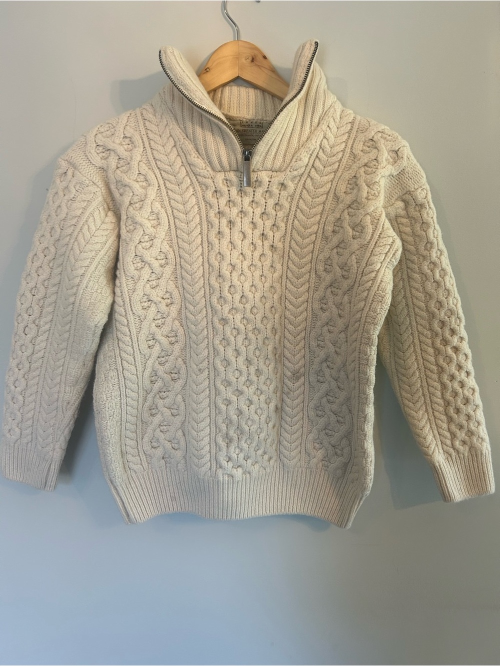 Aran Ireland Fisherman’s Cable Knit Quarter Zip Sweater Cream Nautical Coastal